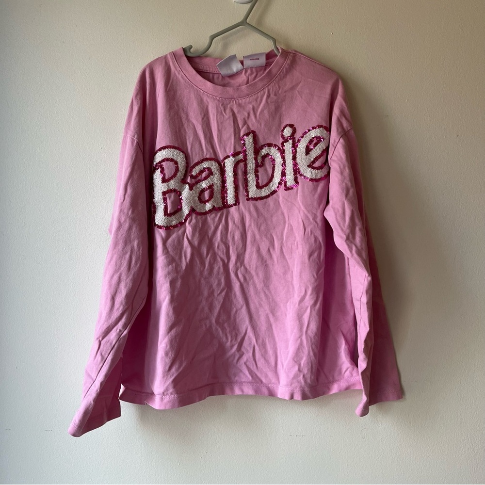 ZARA Kids Barbie Sequin Long Sleeve Tee Pink Girls Size 9-10 Graphic Top Sparkly